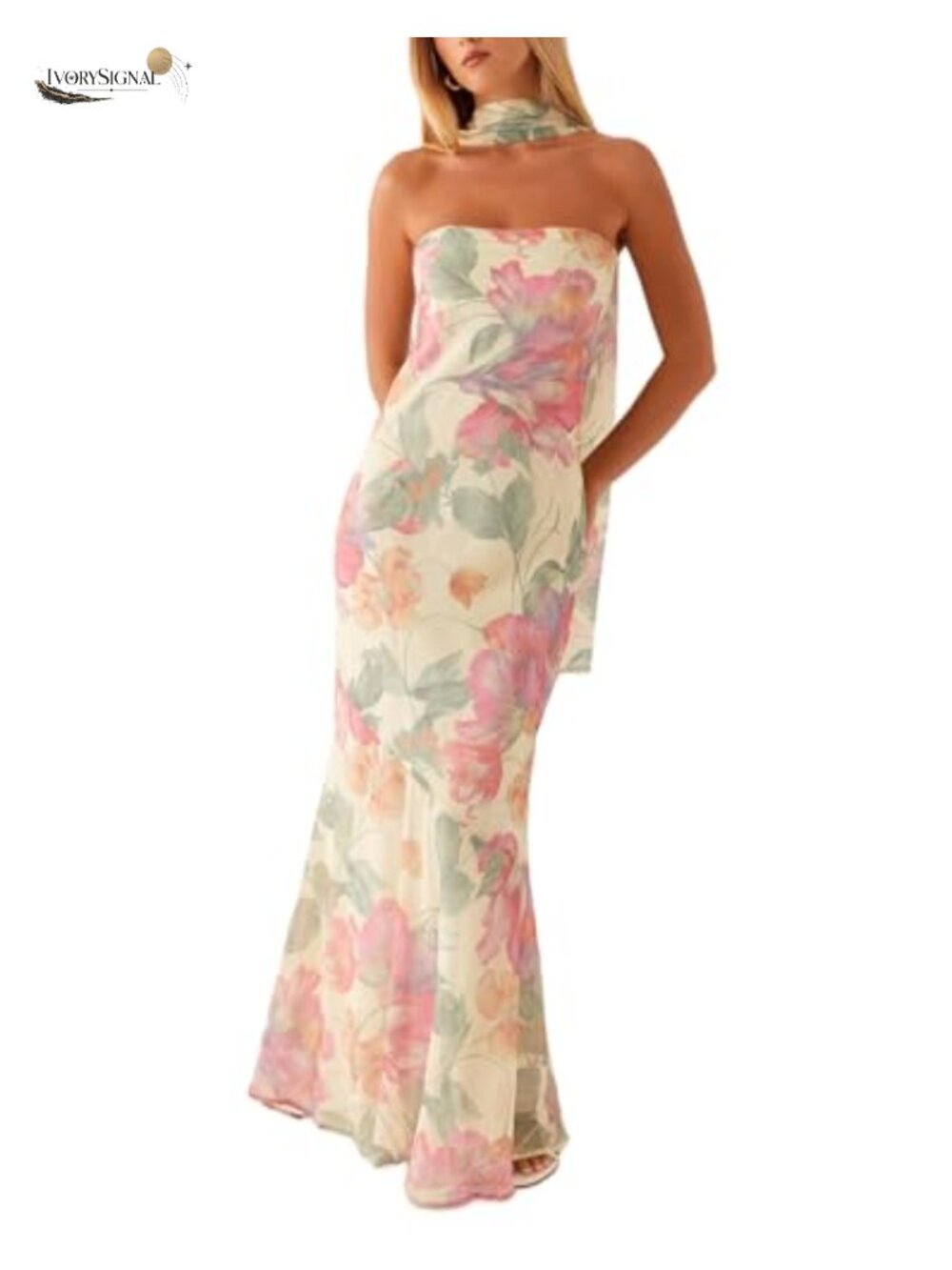 Strapless Floral Mesh Maxi Dress with Scarf Formal Wedding Guest